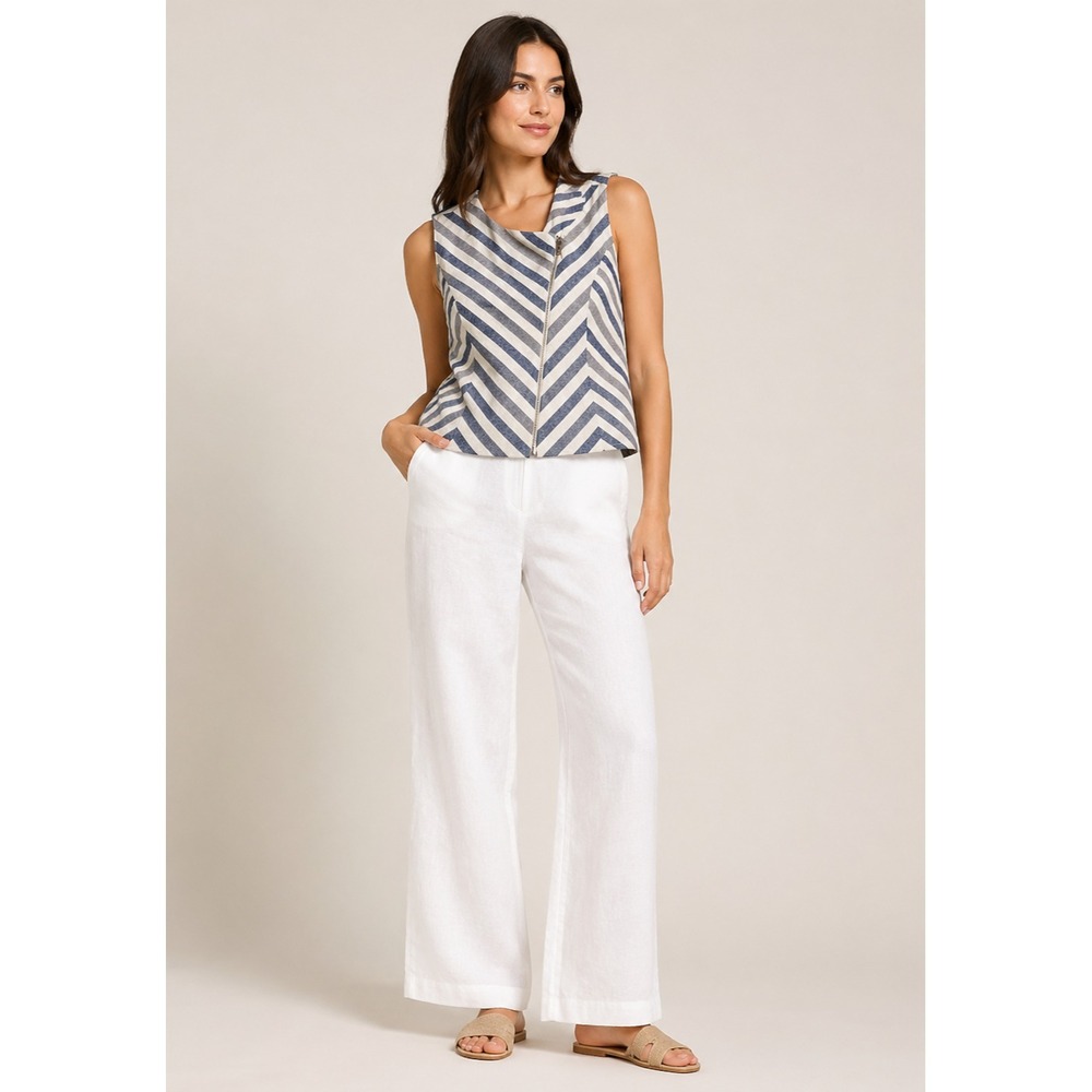 Chico's Modern Nautical Zip Top Womens 2 Large White‎ Gray Blue Stripe Linen